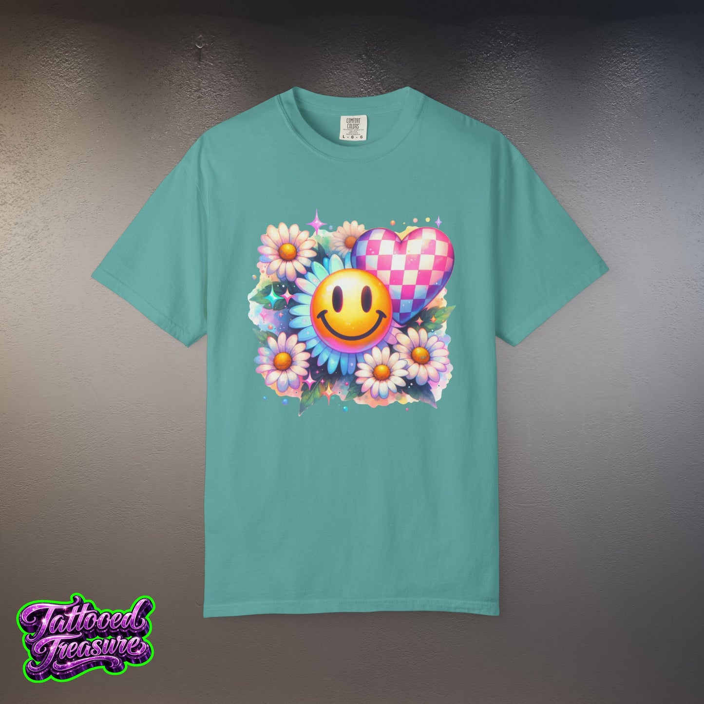 Happy Heart Smiley T-Shirt — Floral Checkerboard Graphic Tee