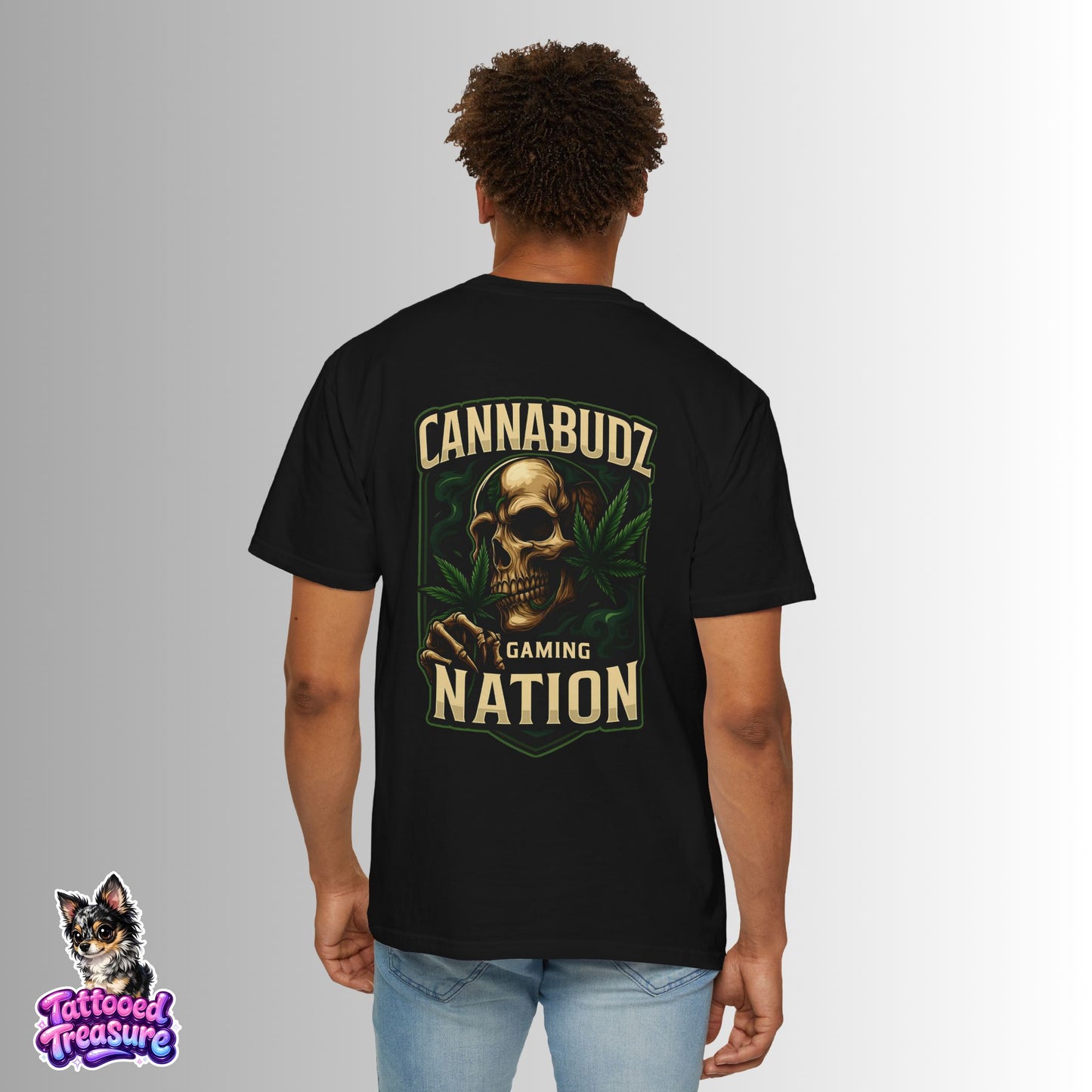 Cannabudz Nation T-Shirt Back— Skull & Cannabis Gaming Tee