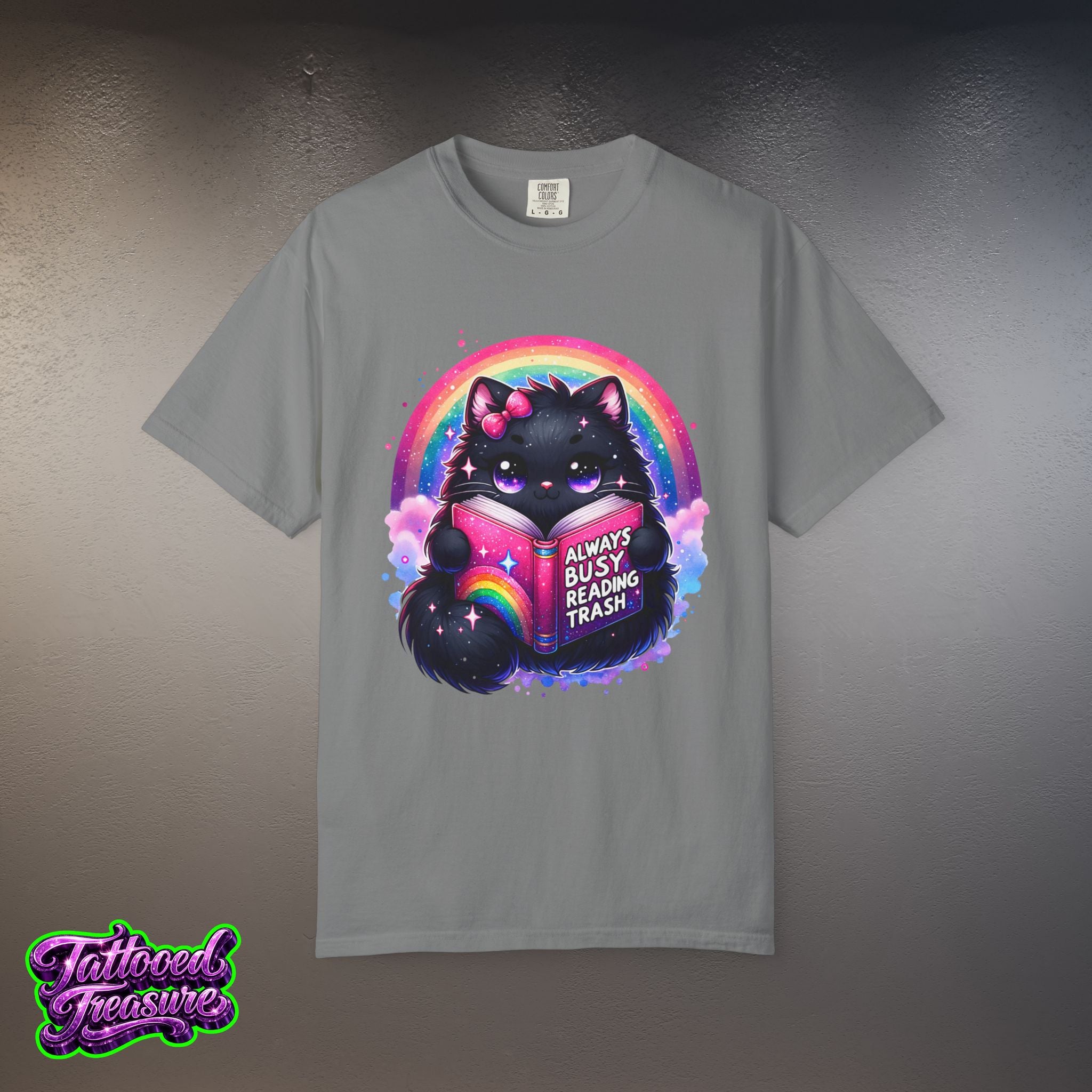 Cat Reading T-Shirt — "Always Busy Reading Trash" Cute Black Cat Rainbow Tee