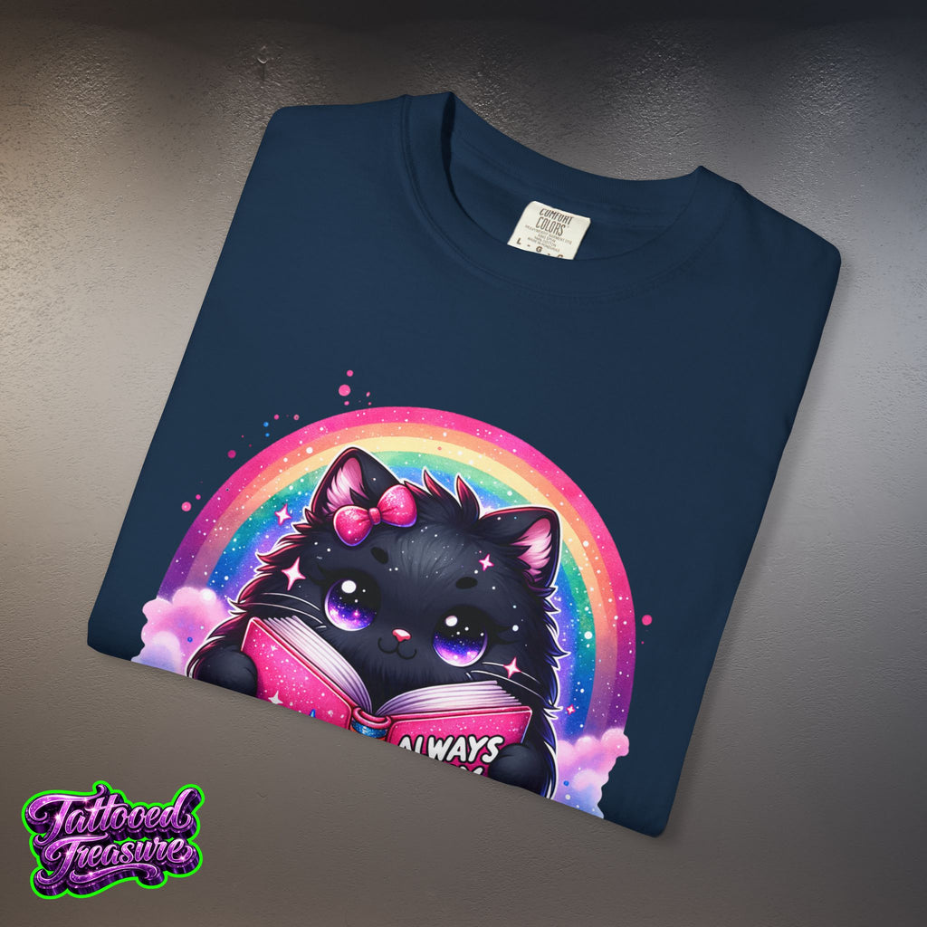 Cat Reading T-Shirt — "Always Busy Reading Trash" Cute Black Cat Rainbow Tee