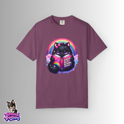 Cat Reading T-Shirt — "Always Busy Reading Trash" Cute Black Cat Rainbow Tee