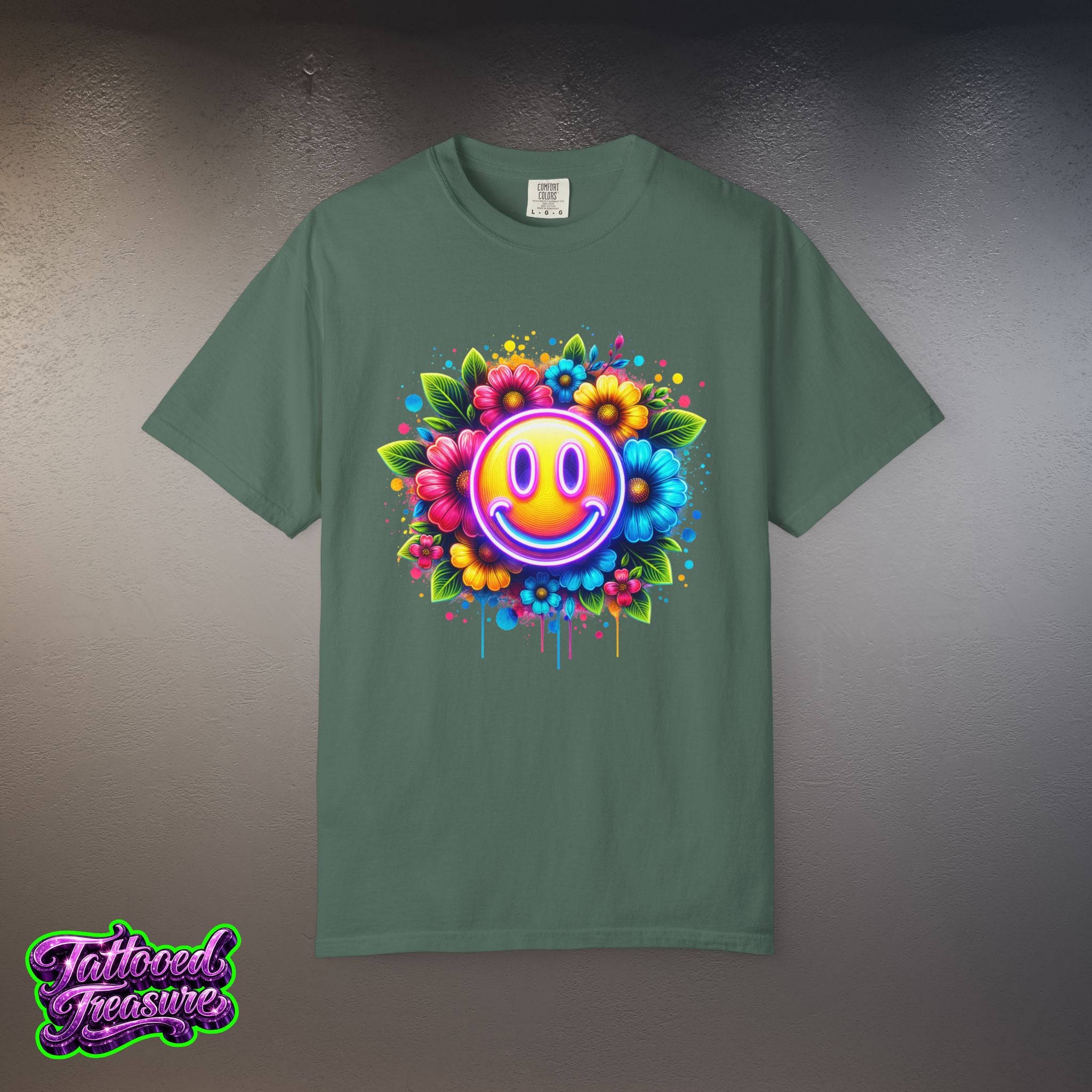 Smiley Flower T-Shirt — Colorful Neon Floral Smile Graphic Tee