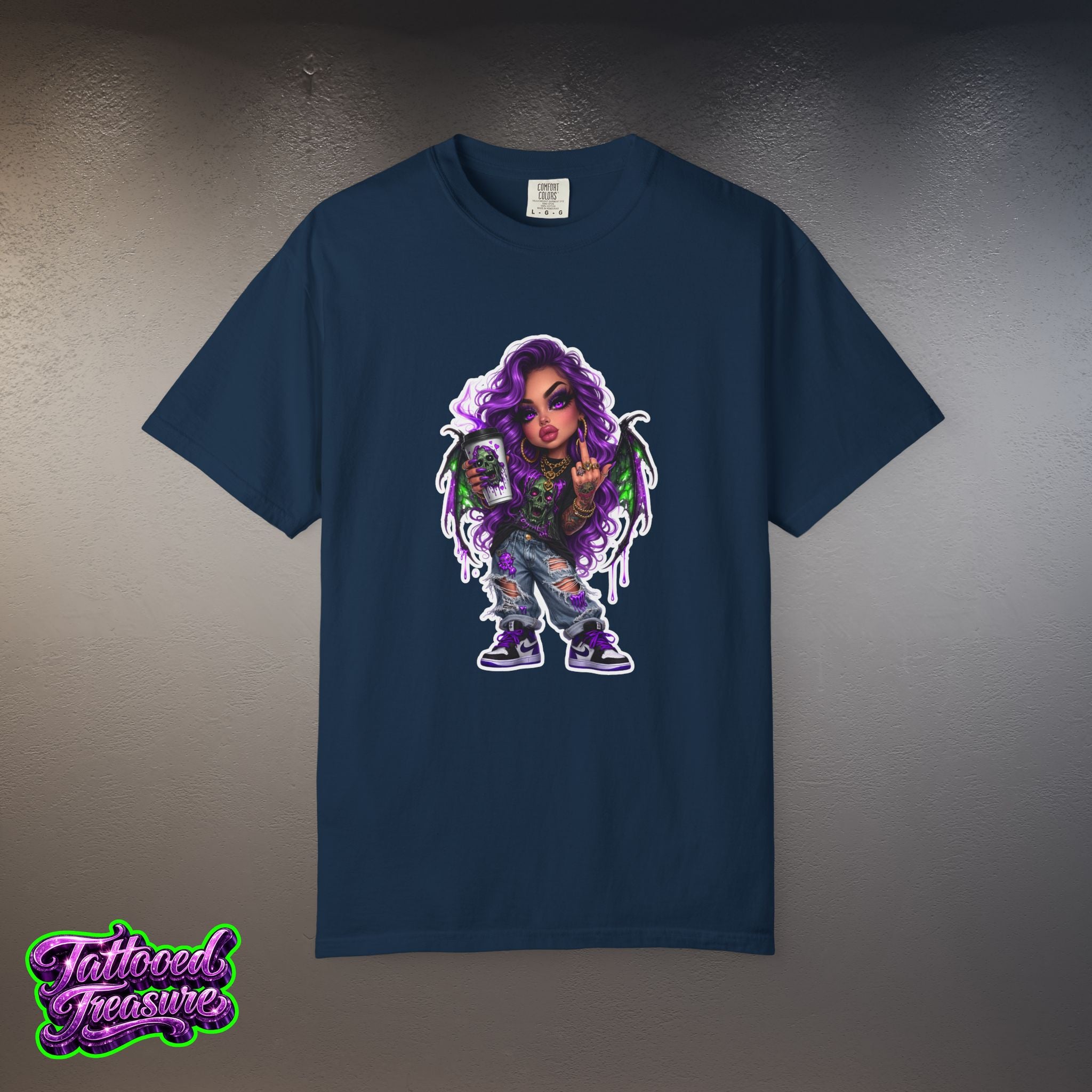 Demon Girl Streetwear T-Shirt — Purple Winged Tattooed Character Graphic