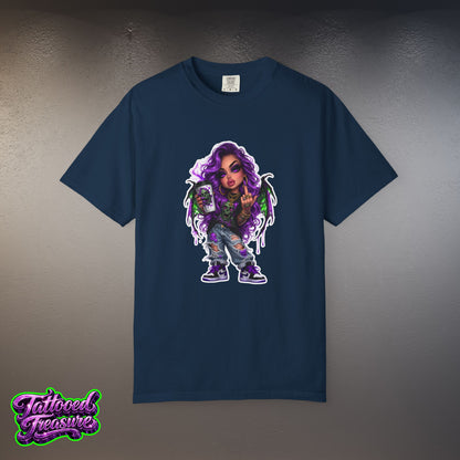 Demon Girl Streetwear T-Shirt — Purple Winged Tattooed Character Graphic