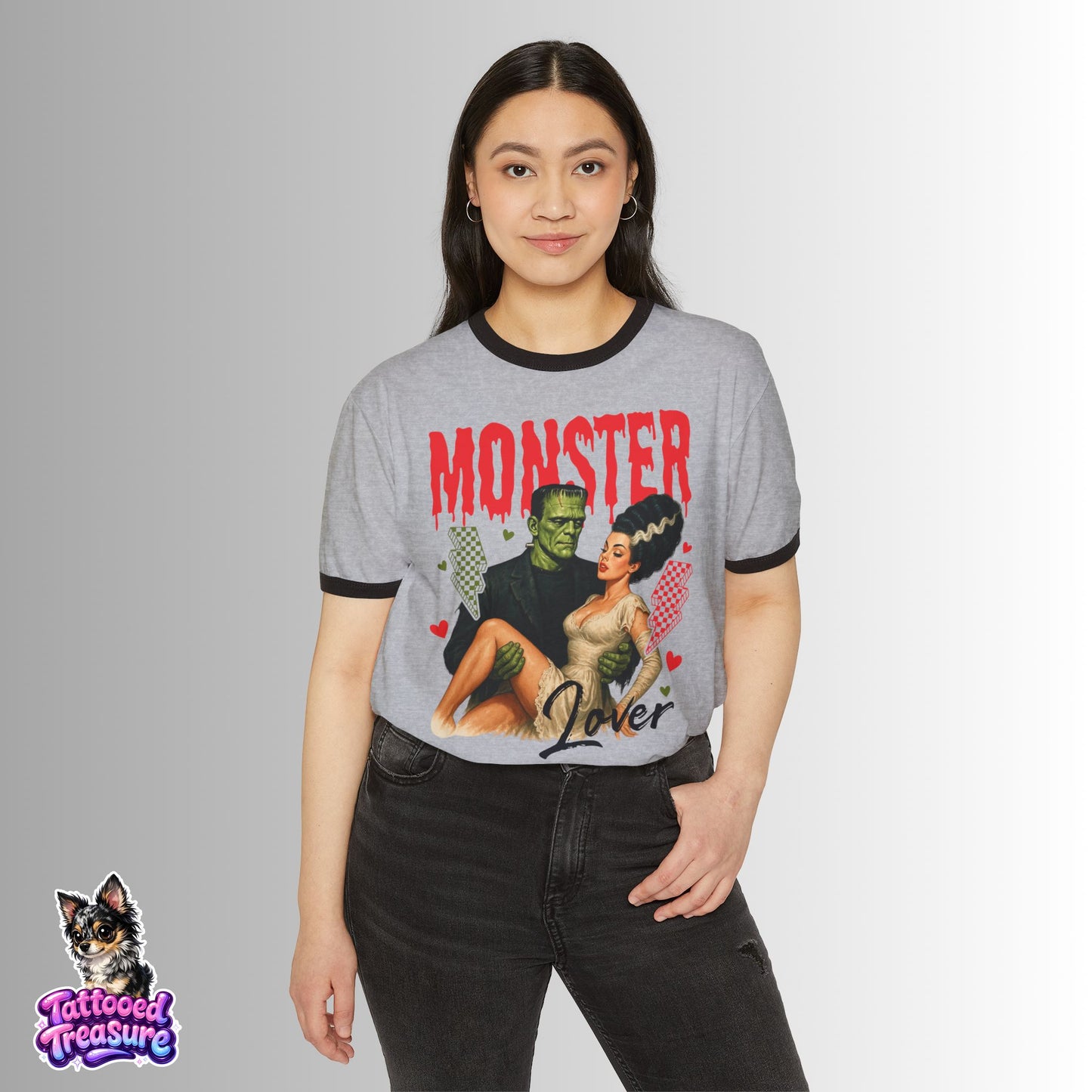 Monster Lover Ringer T-Shirt — Retro Frankenstein & Bride Pinup Tee