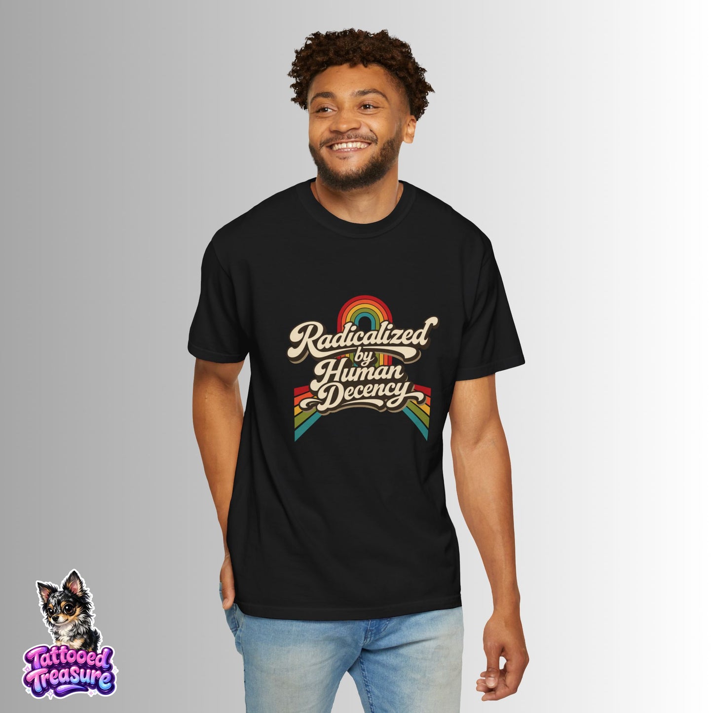 Radicalized by Human Decency T-Shirt — Retro Rainbow Tee