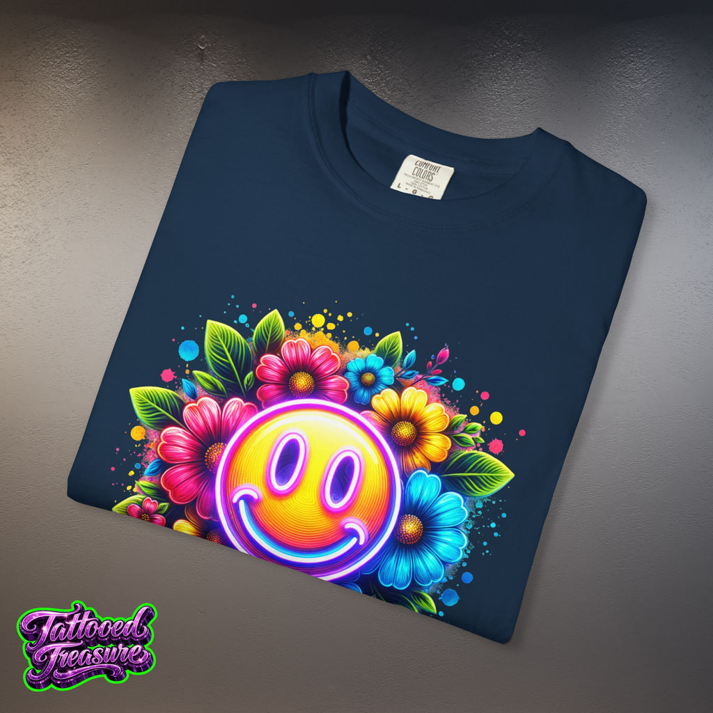 Smiley Flower T-Shirt — Colorful Neon Floral Smile Graphic Tee