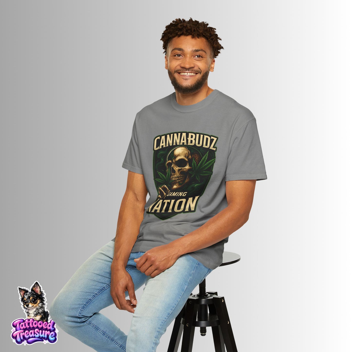 Cannabudz Gaming Nation T-Shirt Front — Skull & Cannabis Gamer Tee