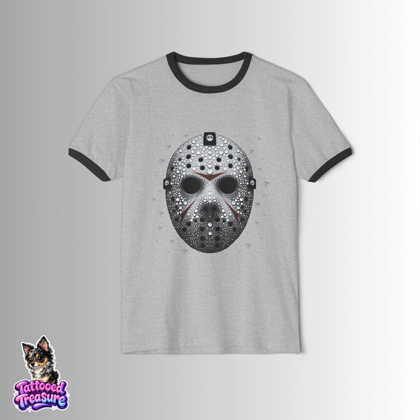 Hockey Mask Graphic Ringer T-Shirt — Sparkling Jason-Style Skull Design