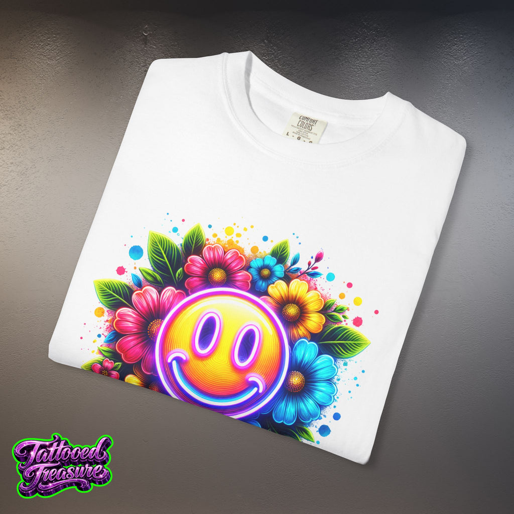 Smiley Flower T-Shirt — Colorful Neon Floral Smile Graphic Tee