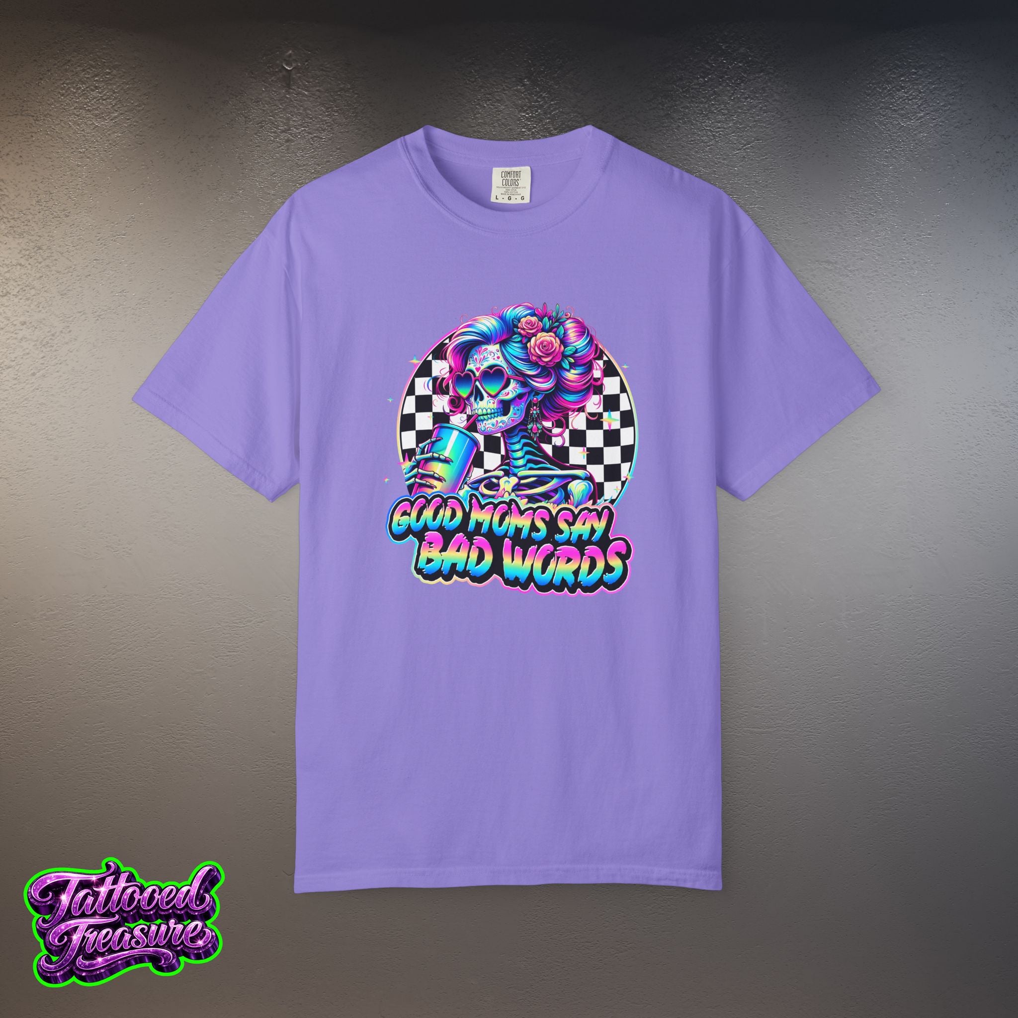 Bad Words Skull Tee — “Good Moms Say Bad Words” Retro Checkerboard T-Shirt