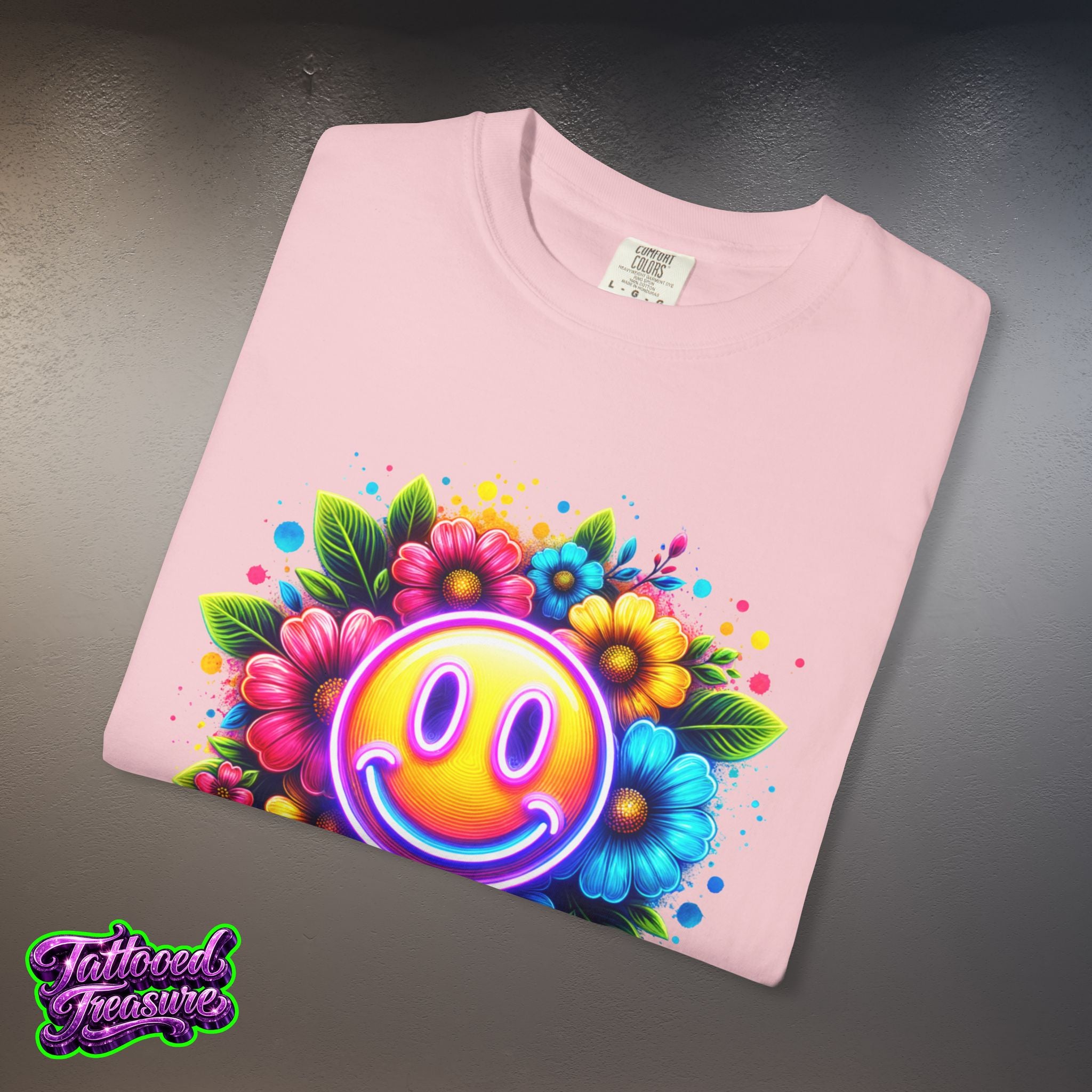 Smiley Flower T-Shirt — Colorful Neon Floral Smile Graphic Tee