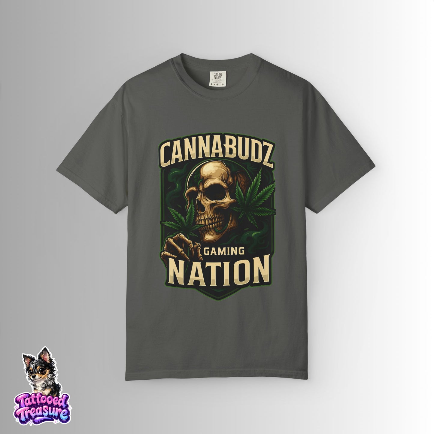 Cannabudz Gaming Nation T-Shirt Front — Skull & Cannabis Gamer Tee
