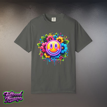 Smiley Flower T-Shirt — Colorful Neon Floral Smile Graphic Tee