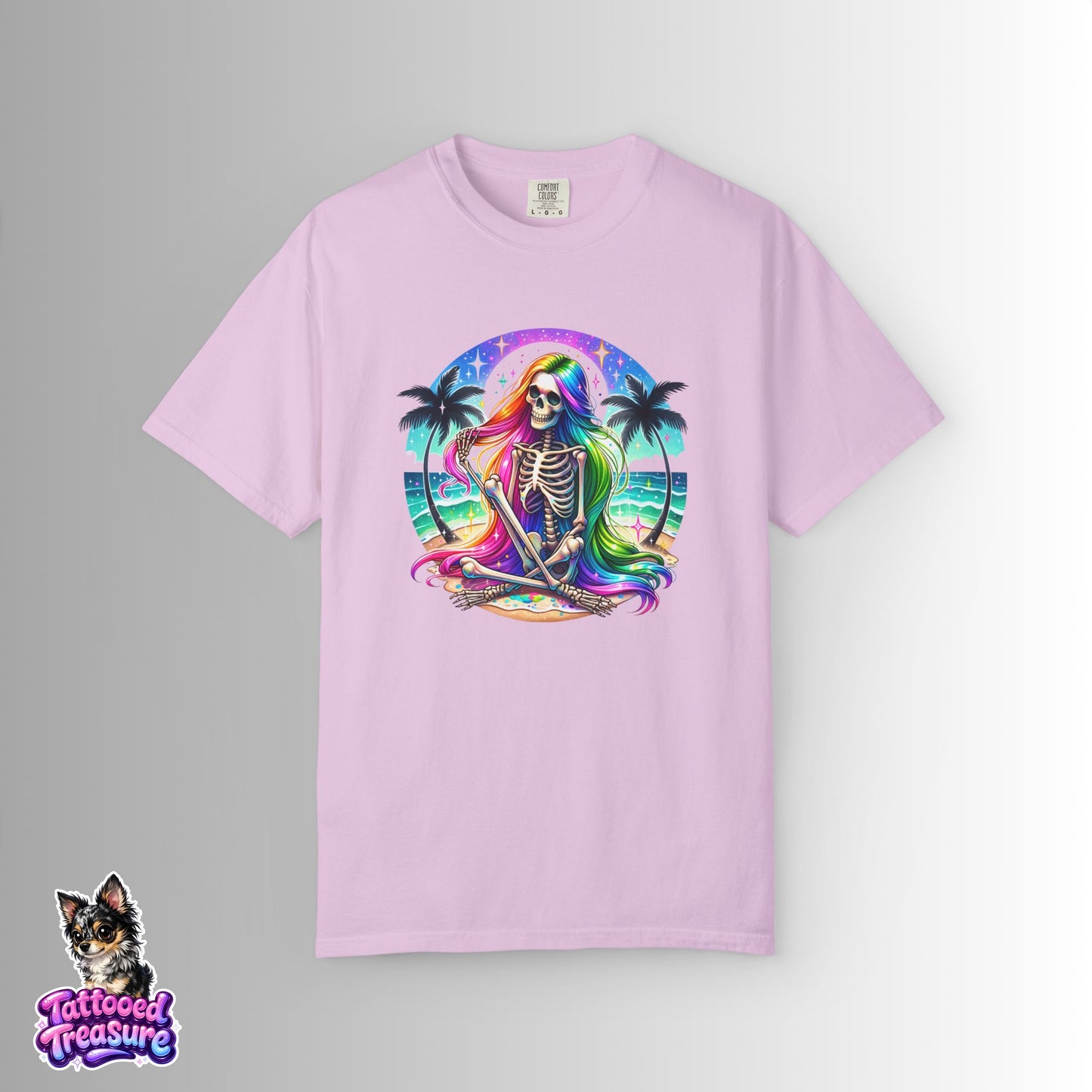 Rainbow Skeleton Beach T-Shirt — Neon Day of the Dead Surf Tee