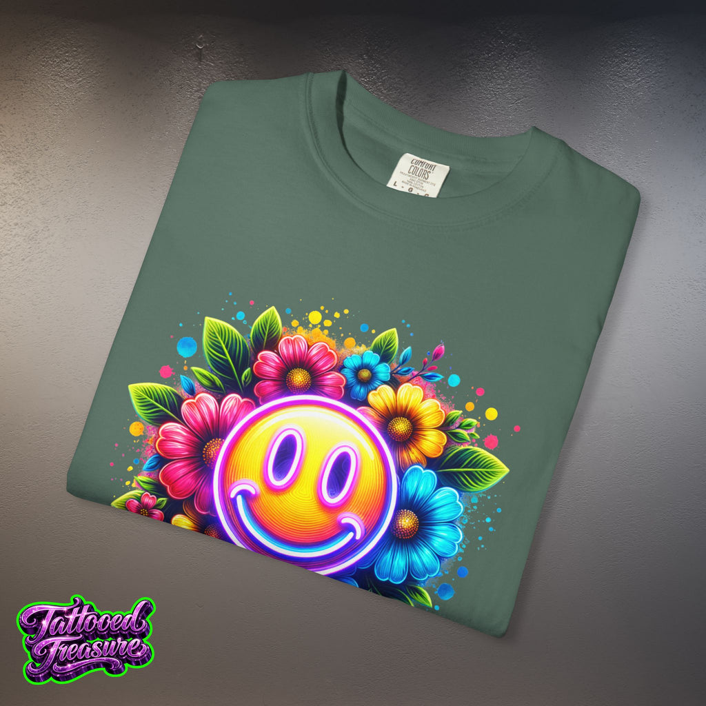 Smiley Flower T-Shirt — Colorful Neon Floral Smile Graphic Tee