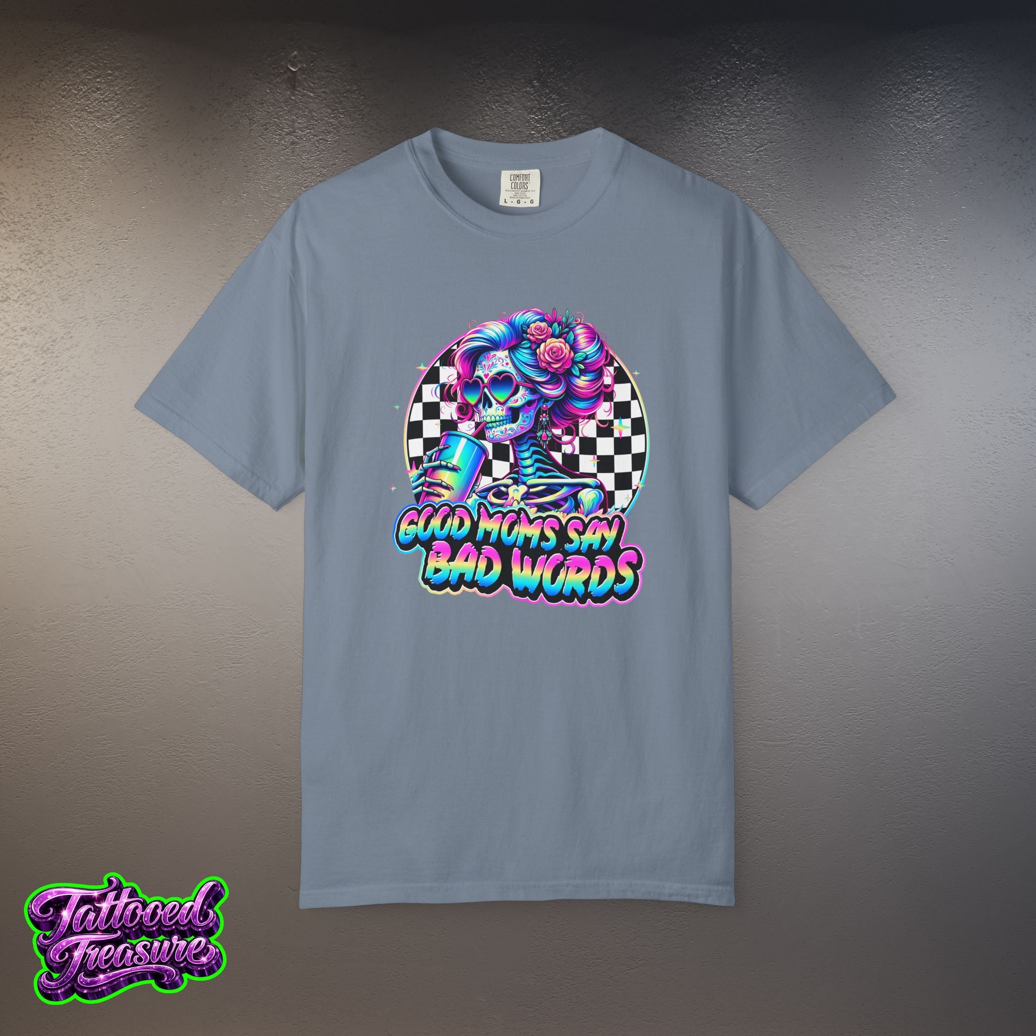 Bad Words Skull Tee — “Good Moms Say Bad Words” Retro Checkerboard T-Shirt