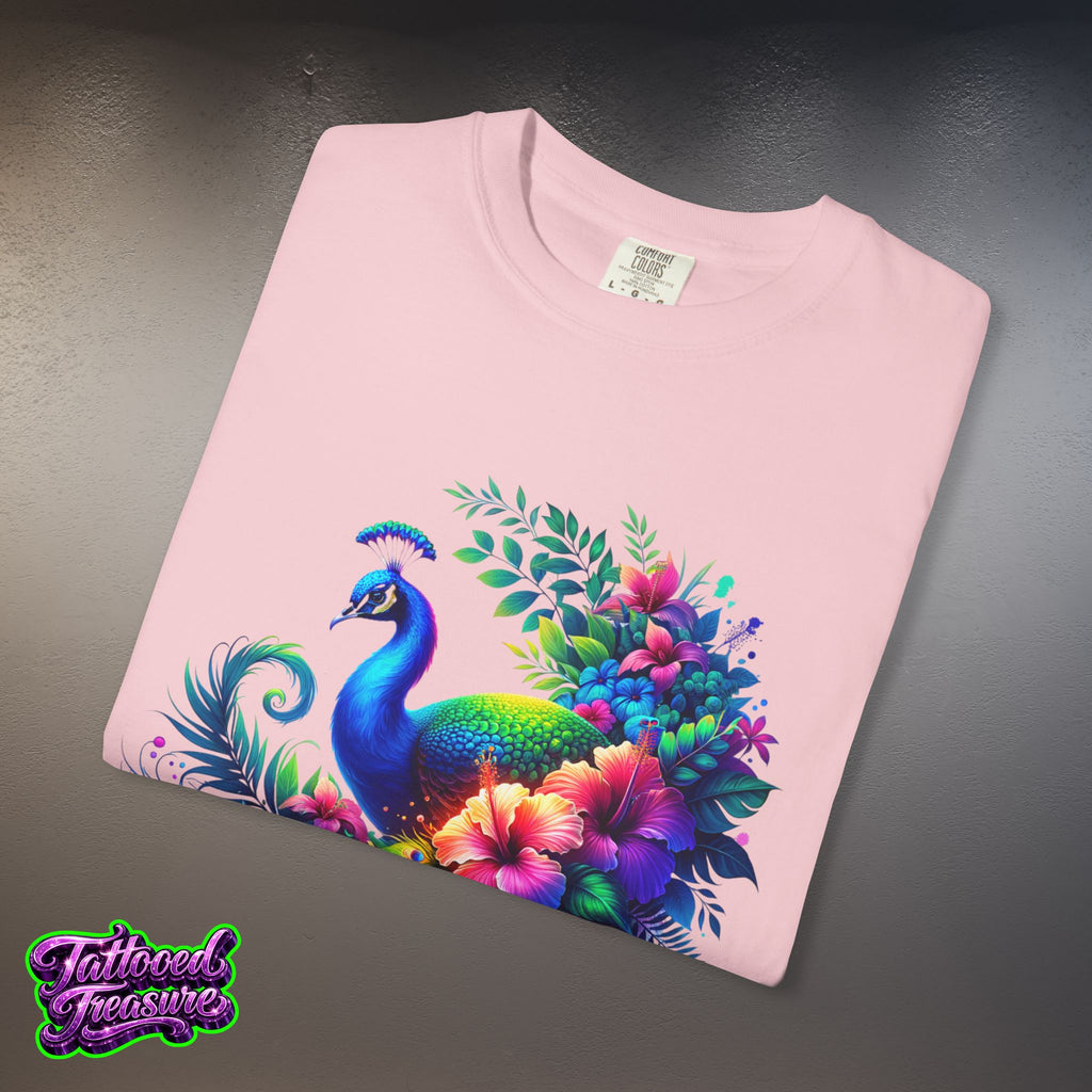 Peacock Floral T-Shirt — Vibrant Watercolor Peacock Tee