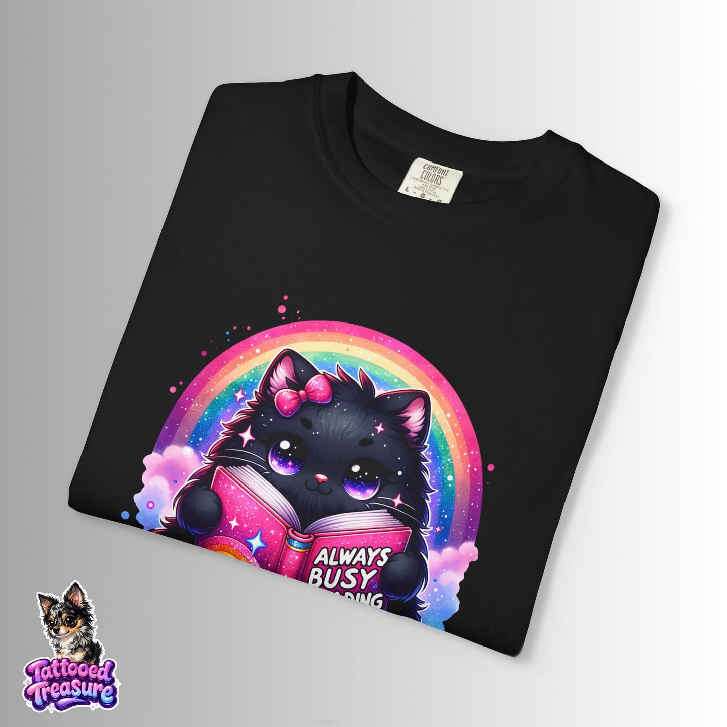 Cat Reading T-Shirt — "Always Busy Reading Trash" Cute Black Cat Rainbow Tee