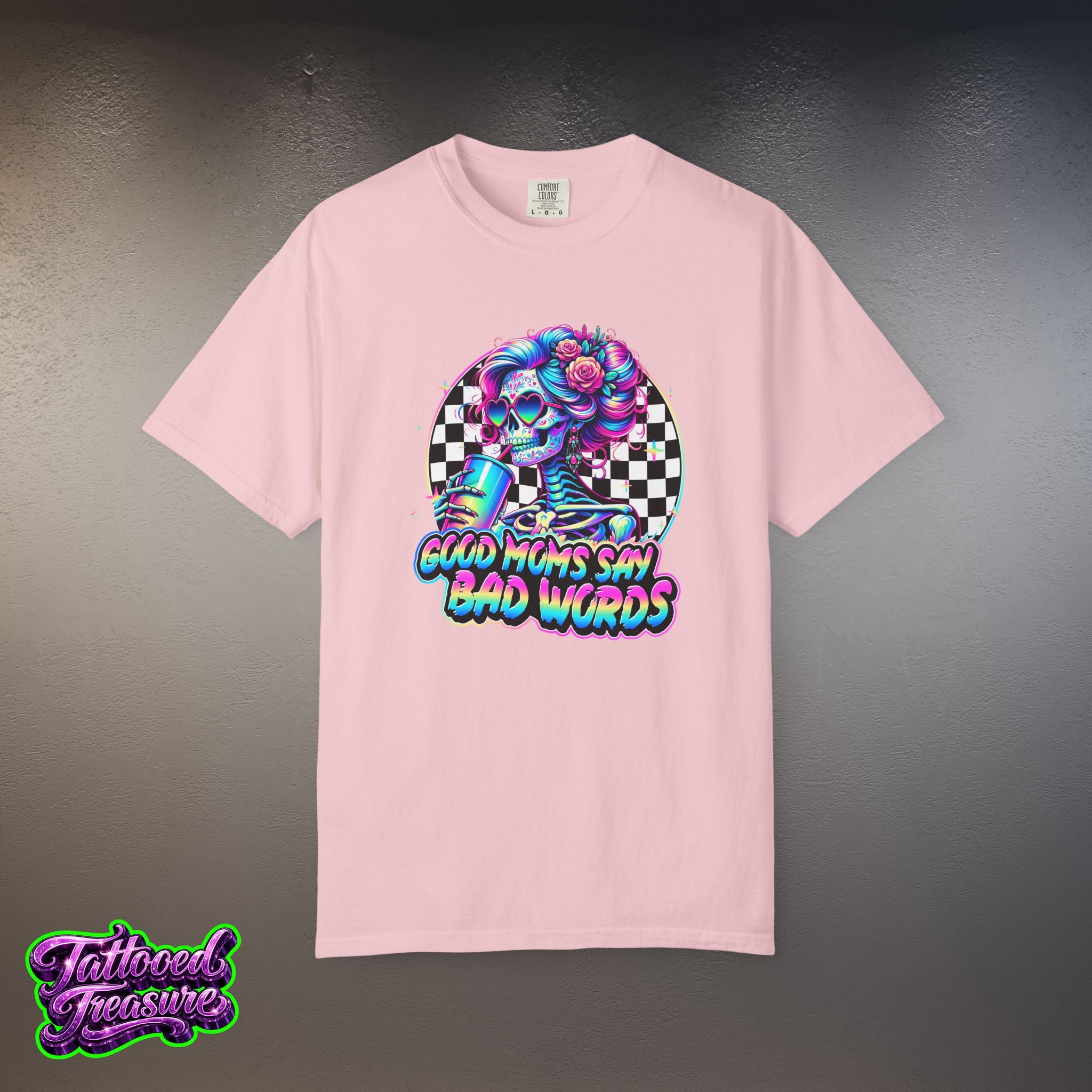 Bad Words Skull Tee — “Good Moms Say Bad Words” Retro Checkerboard T-Shirt