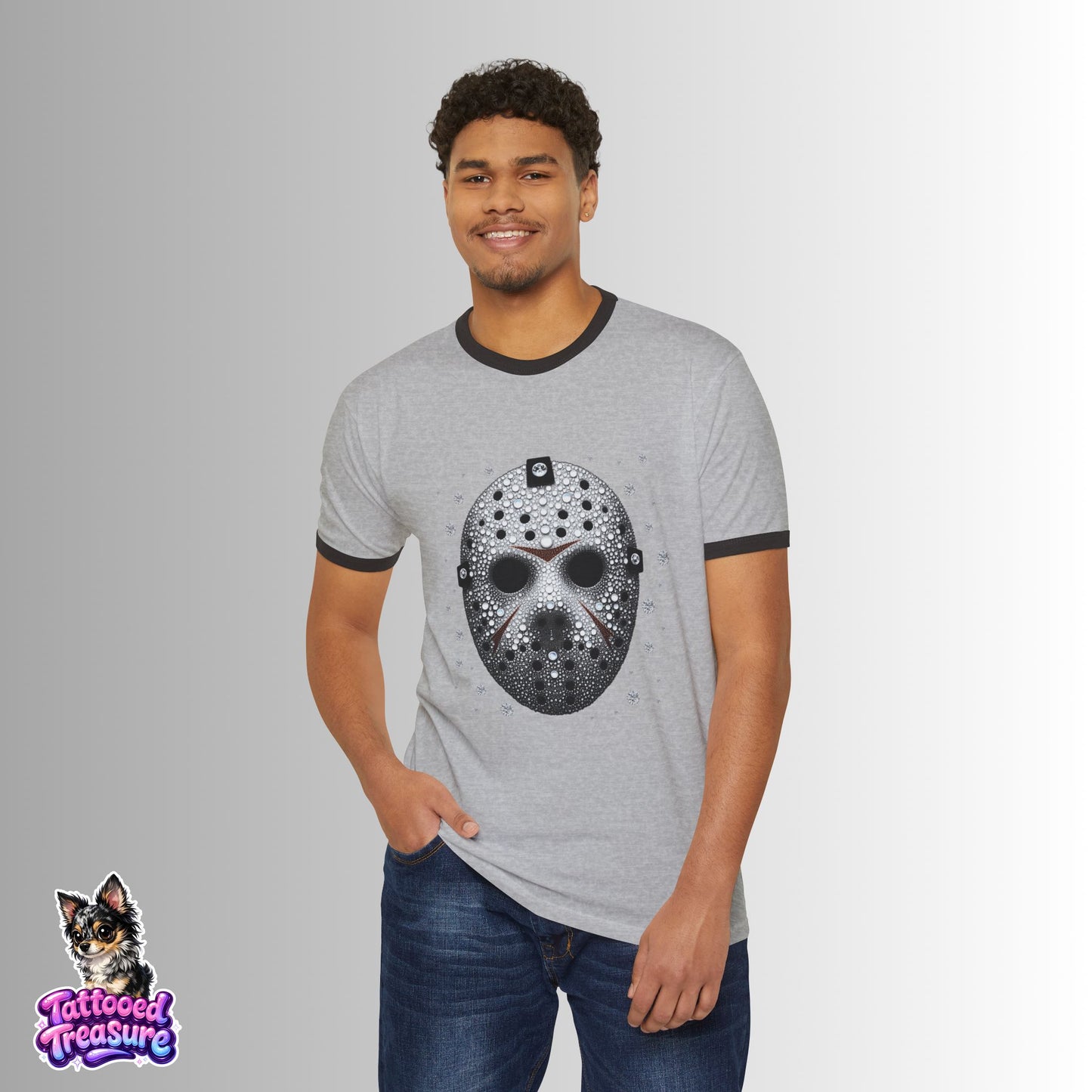 Hockey Mask Graphic Ringer T-Shirt — Sparkling Jason-Style Skull Design