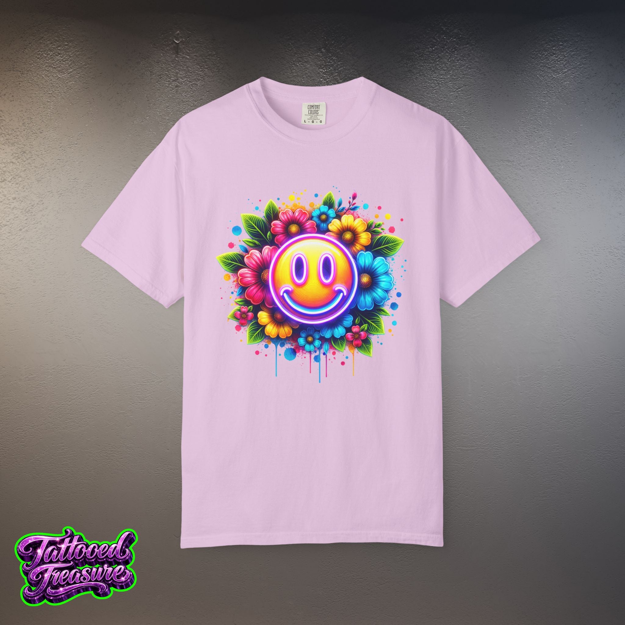 Smiley Flower T-Shirt — Colorful Neon Floral Smile Graphic Tee