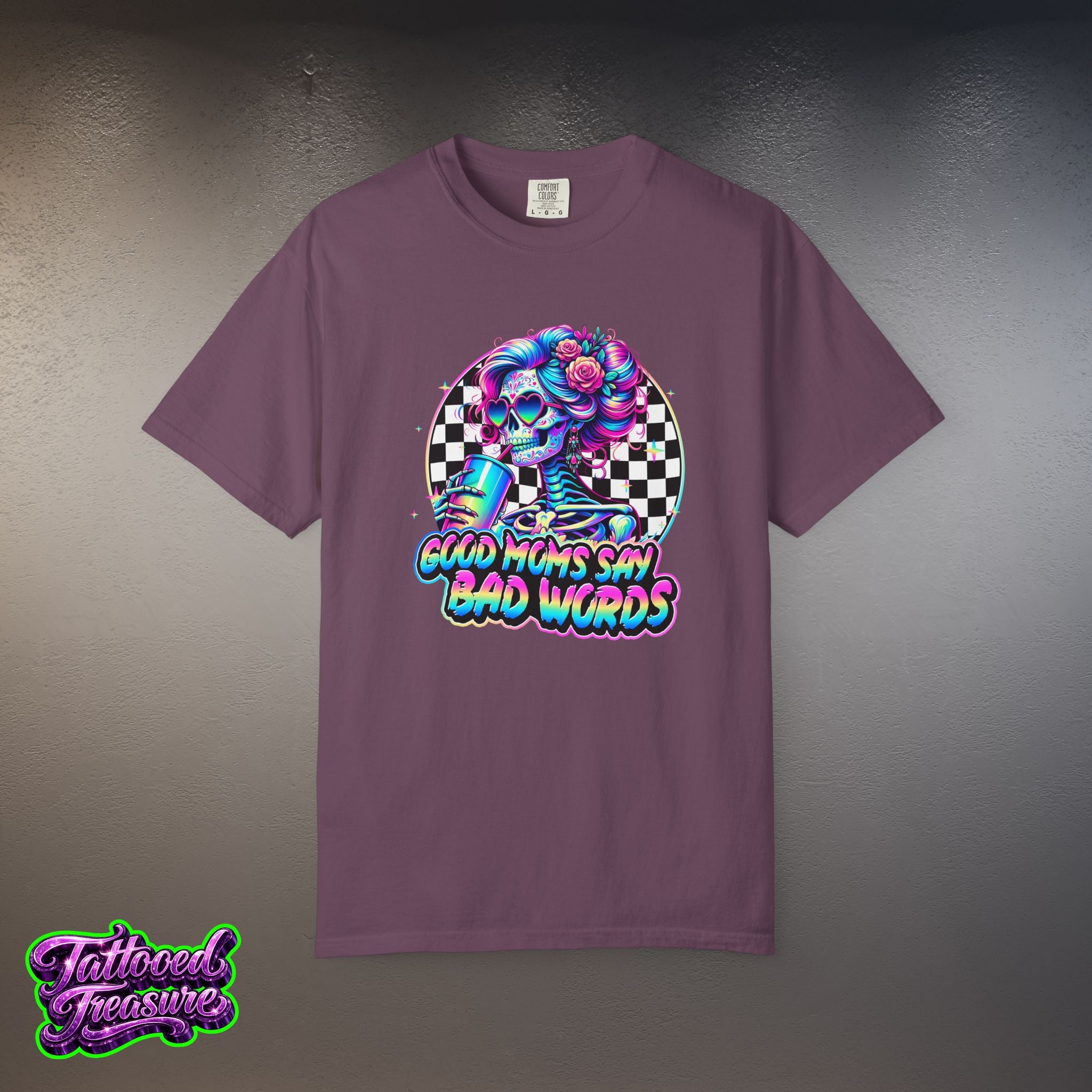 Bad Words Skull Tee — “Good Moms Say Bad Words” Retro Checkerboard T-Shirt