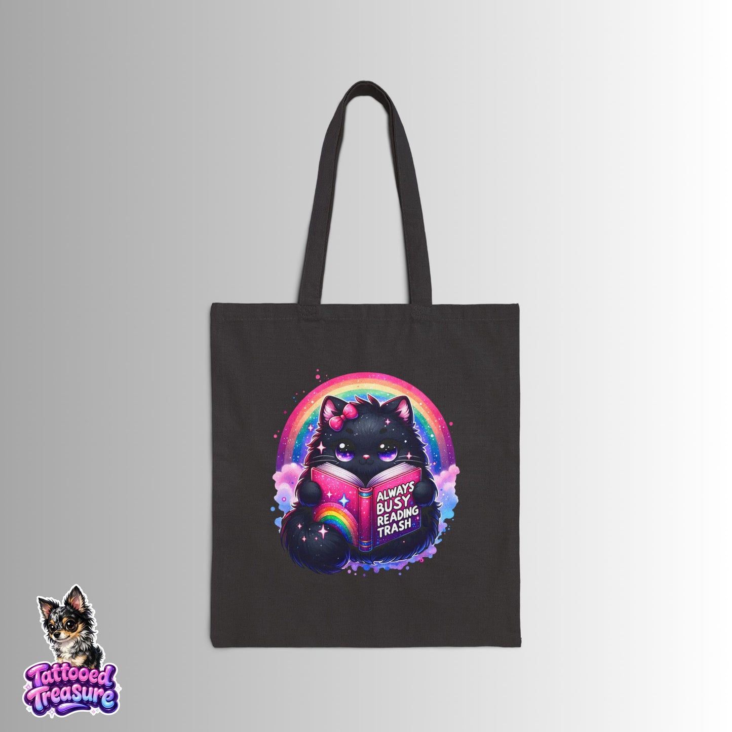 Black Cat Rainbow Tote Bag — "Always Busy Reading Trash" Canvas Tote