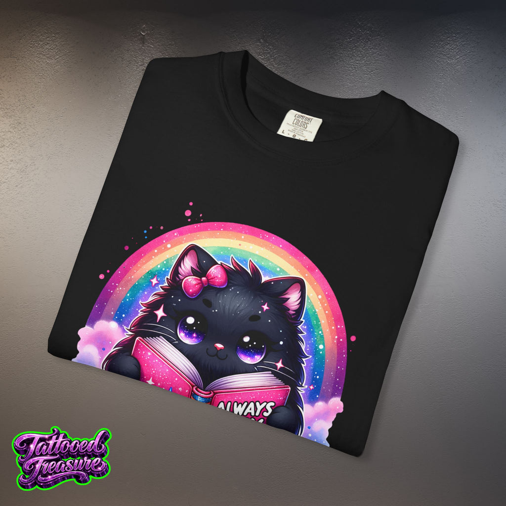Cat Reading T-Shirt — "Always Busy Reading Trash" Cute Black Cat Rainbow Tee