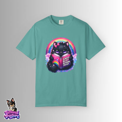 Cat Reading T-Shirt — "Always Busy Reading Trash" Cute Black Cat Rainbow Tee