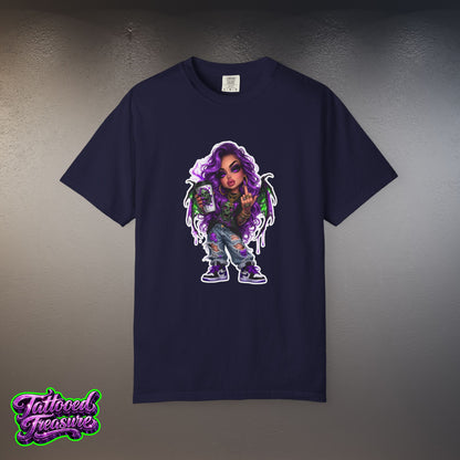 Demon Girl Streetwear T-Shirt — Purple Winged Tattooed Character Graphic