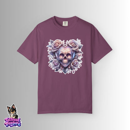 Floral Skull T-Shirt — Pastel Rose Skull Graphic Tee