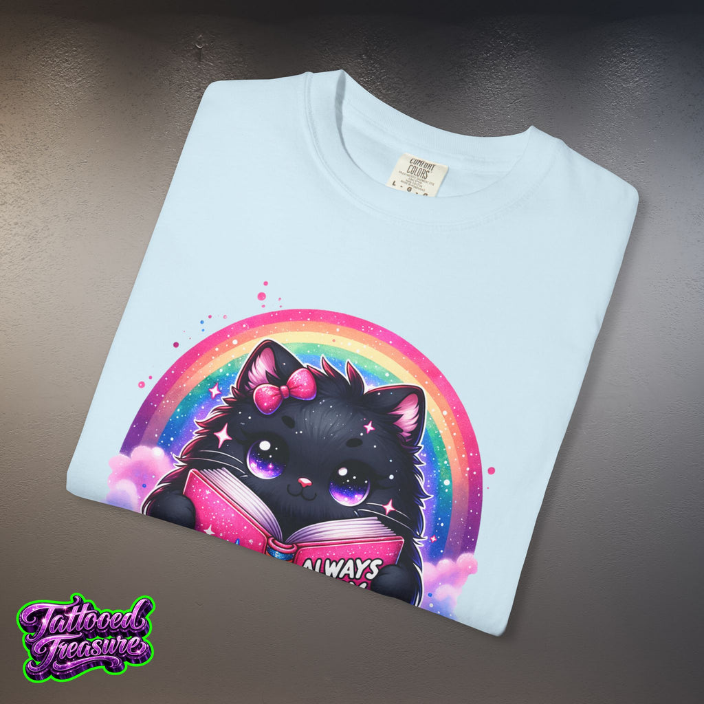 Cat Reading T-Shirt — "Always Busy Reading Trash" Cute Black Cat Rainbow Tee