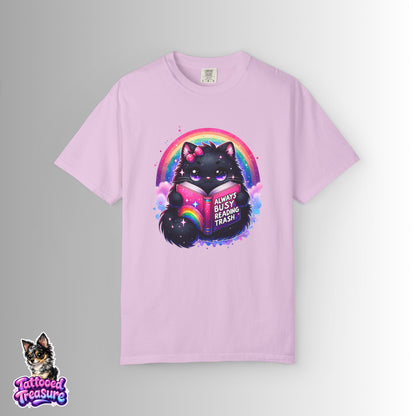 Cat Reading T-Shirt — "Always Busy Reading Trash" Cute Black Cat Rainbow Tee