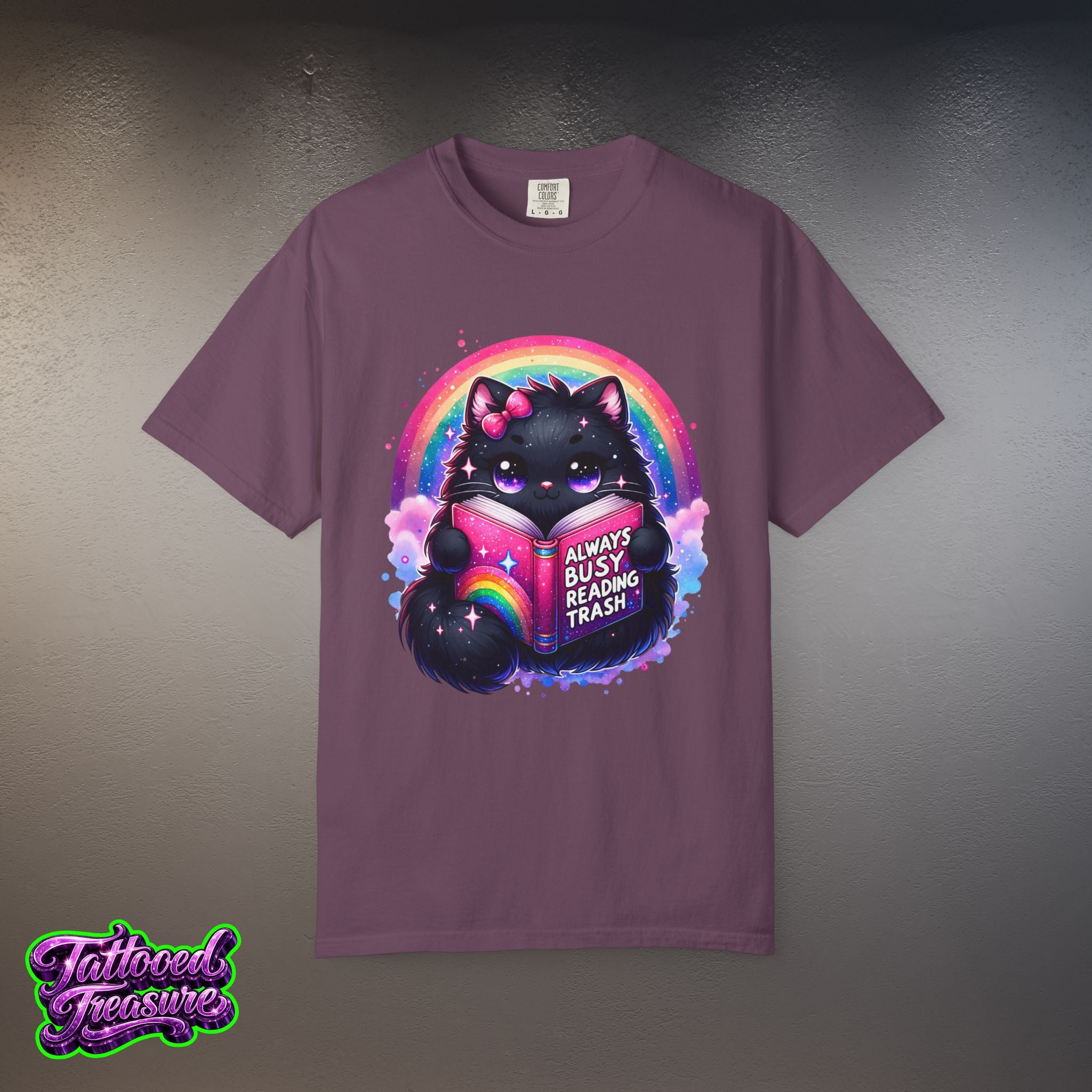 Cat Reading T-Shirt — "Always Busy Reading Trash" Cute Black Cat Rainbow Tee