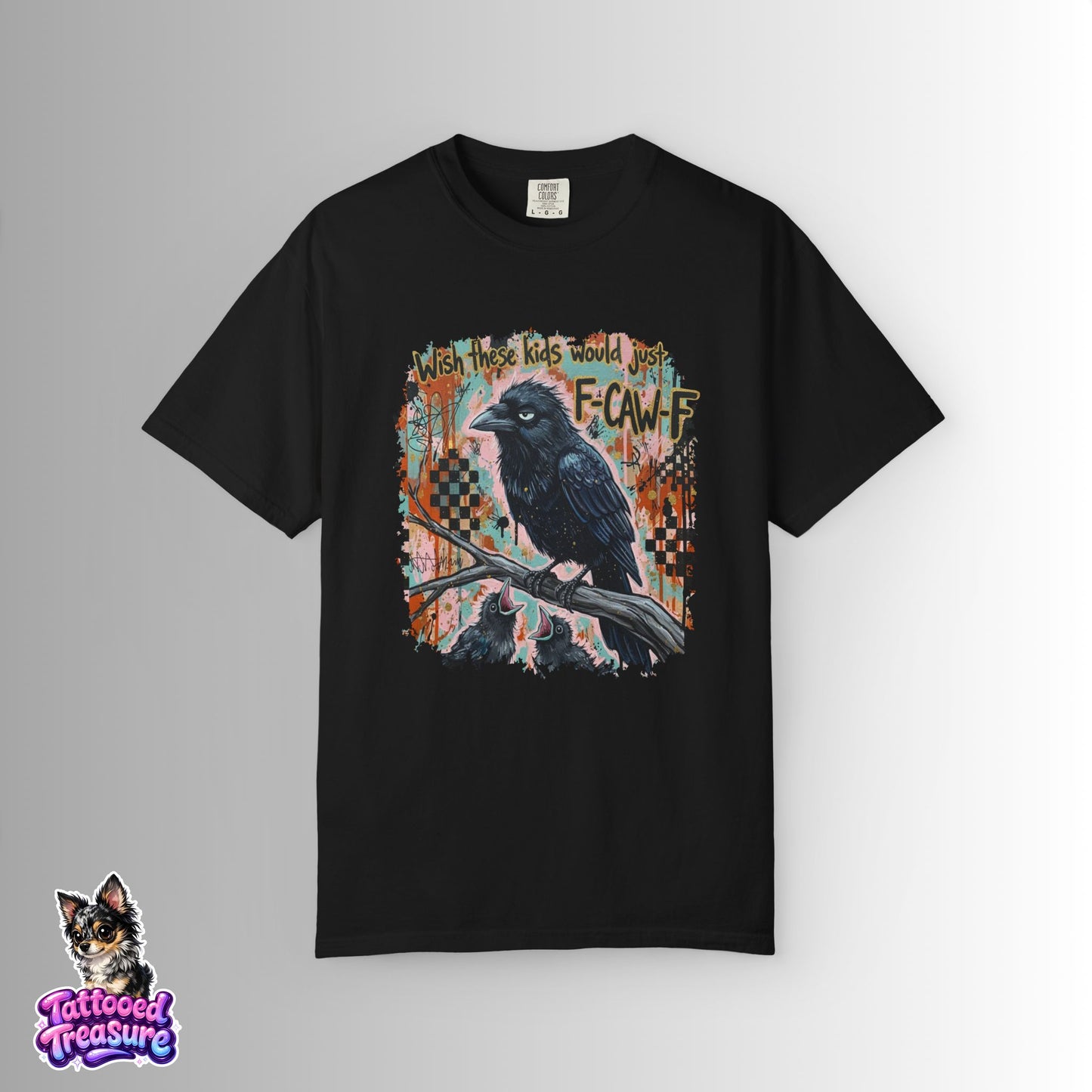 Raven Graphic T-Shirt — 'F-Cawf' Grunge Crow Tee
