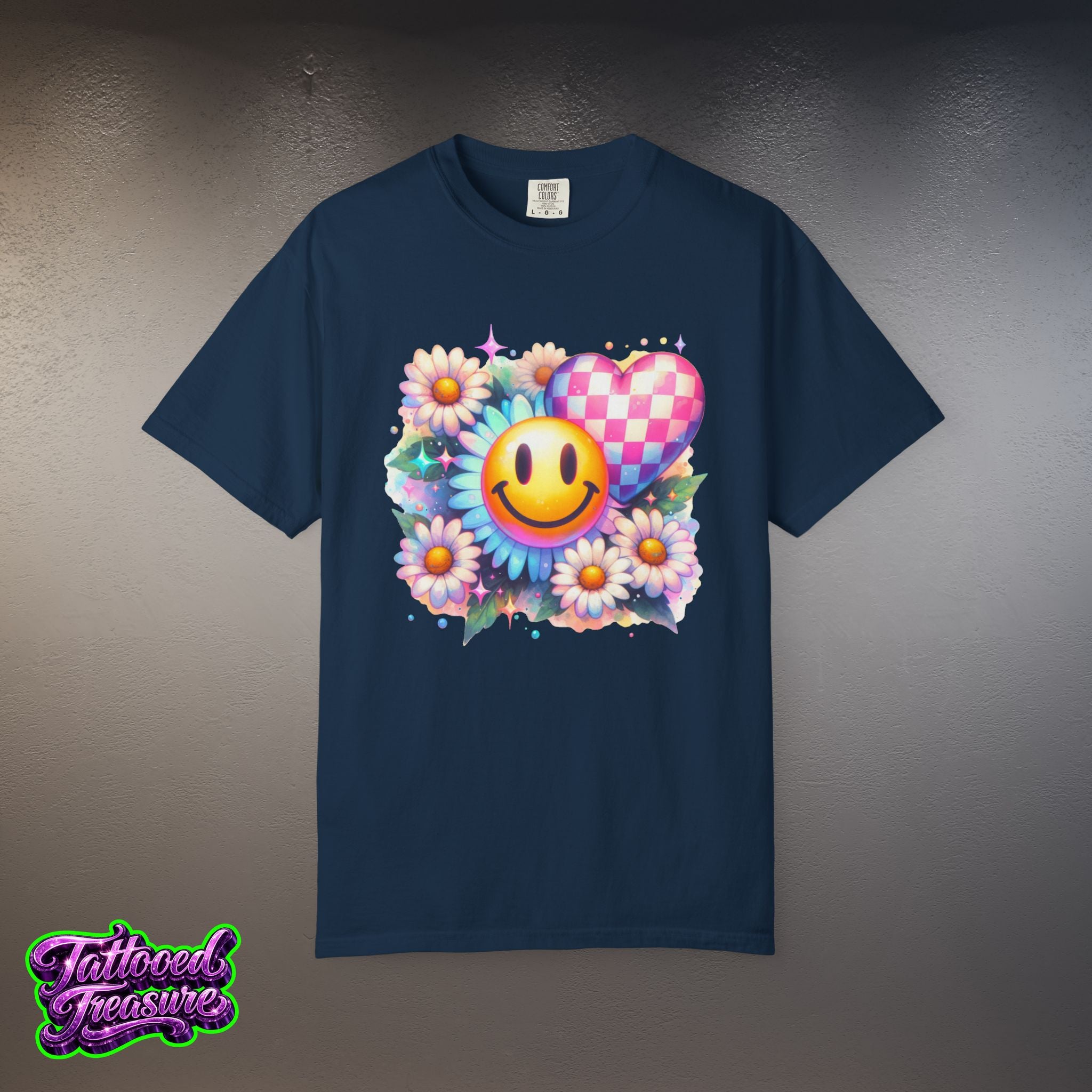 Happy Heart Smiley T-Shirt — Floral Checkerboard Graphic Tee