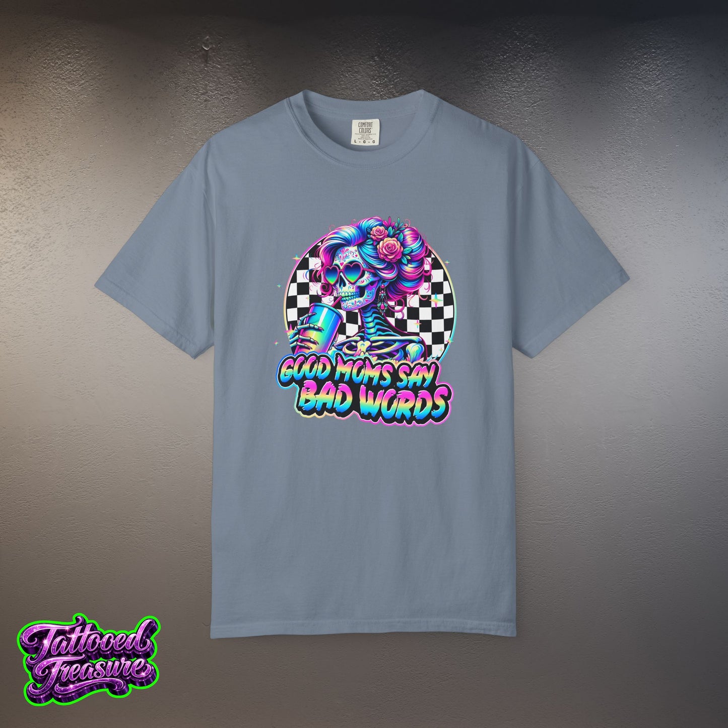 Bad Words Skull Tee — “Good Moms Say Bad Words” Retro Checkerboard T-Shirt