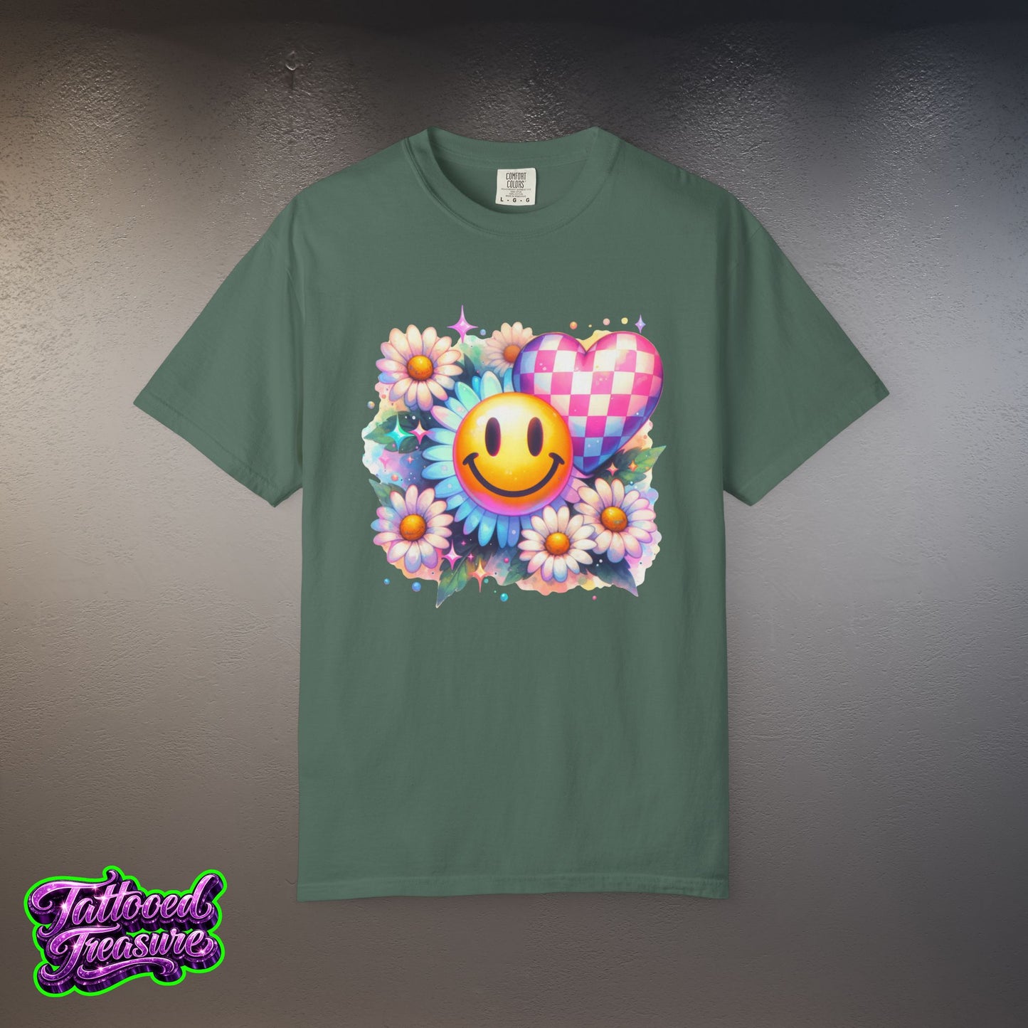 Happy Heart Smiley T-Shirt — Floral Checkerboard Graphic Tee