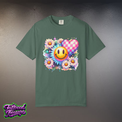 Happy Heart Smiley T-Shirt — Floral Checkerboard Graphic Tee