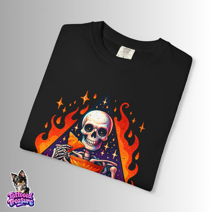Stay Spicy Skull T-Shirt — Skeleton Holding Hot Sauce Graphic Tee