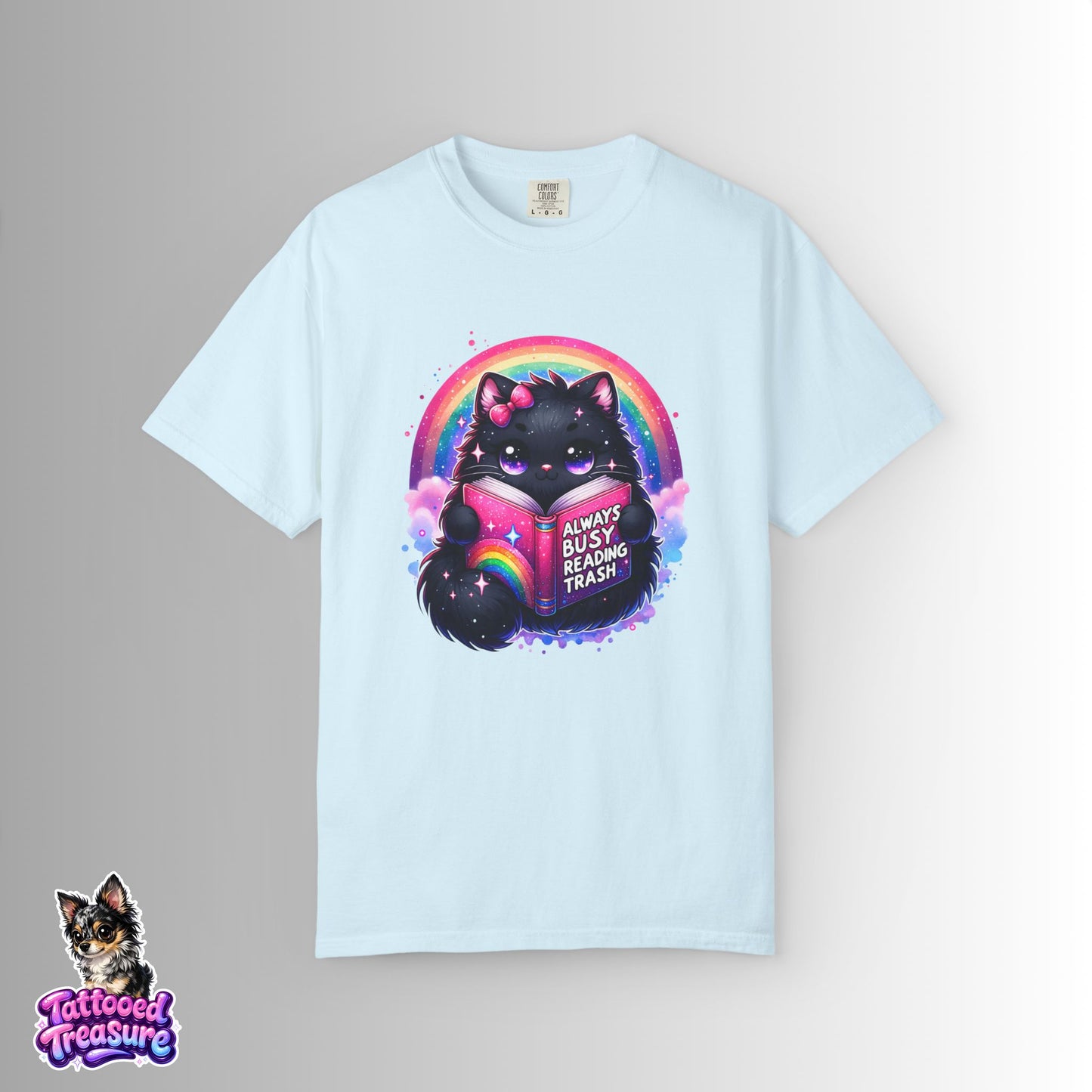 Cat Reading T-Shirt — "Always Busy Reading Trash" Cute Black Cat Rainbow Tee