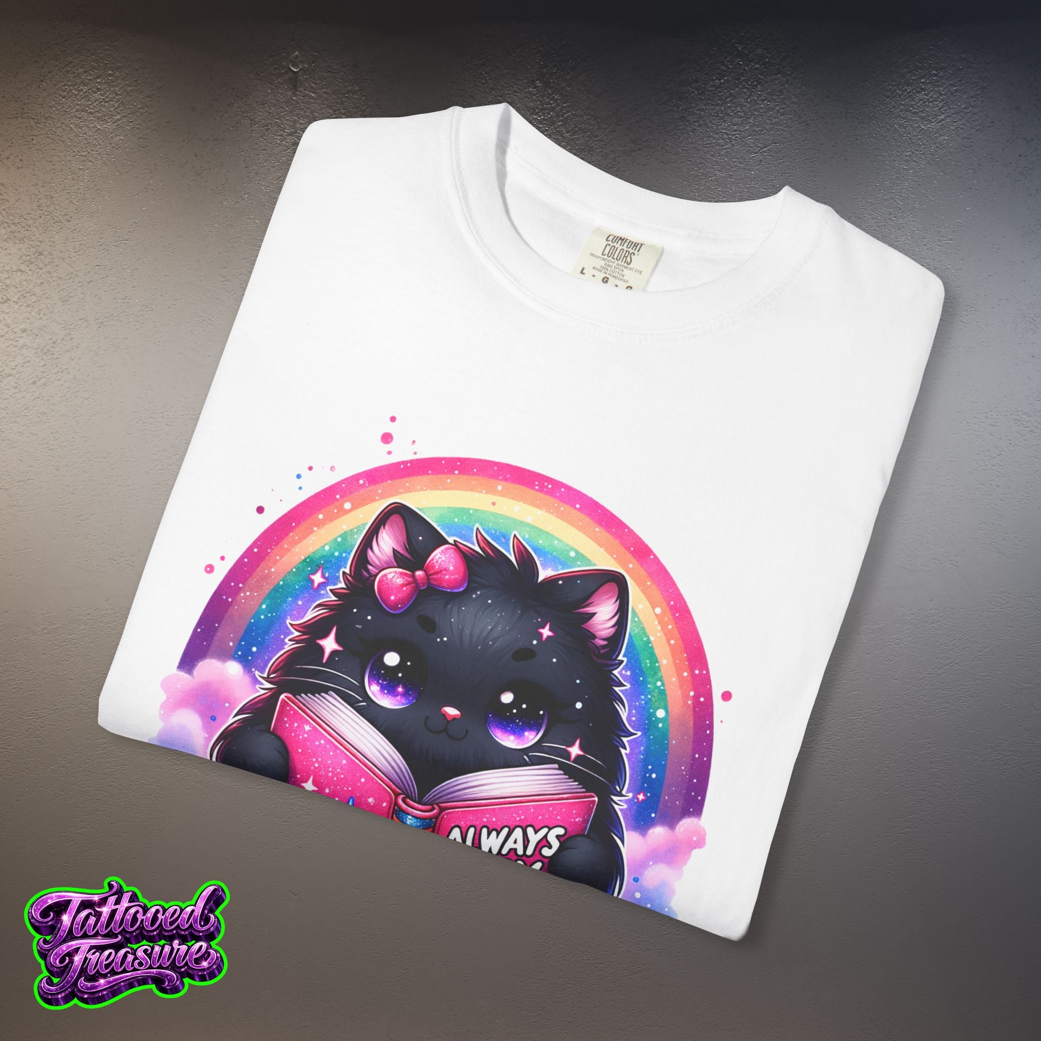 Cat Reading T-Shirt — "Always Busy Reading Trash" Cute Black Cat Rainbow Tee