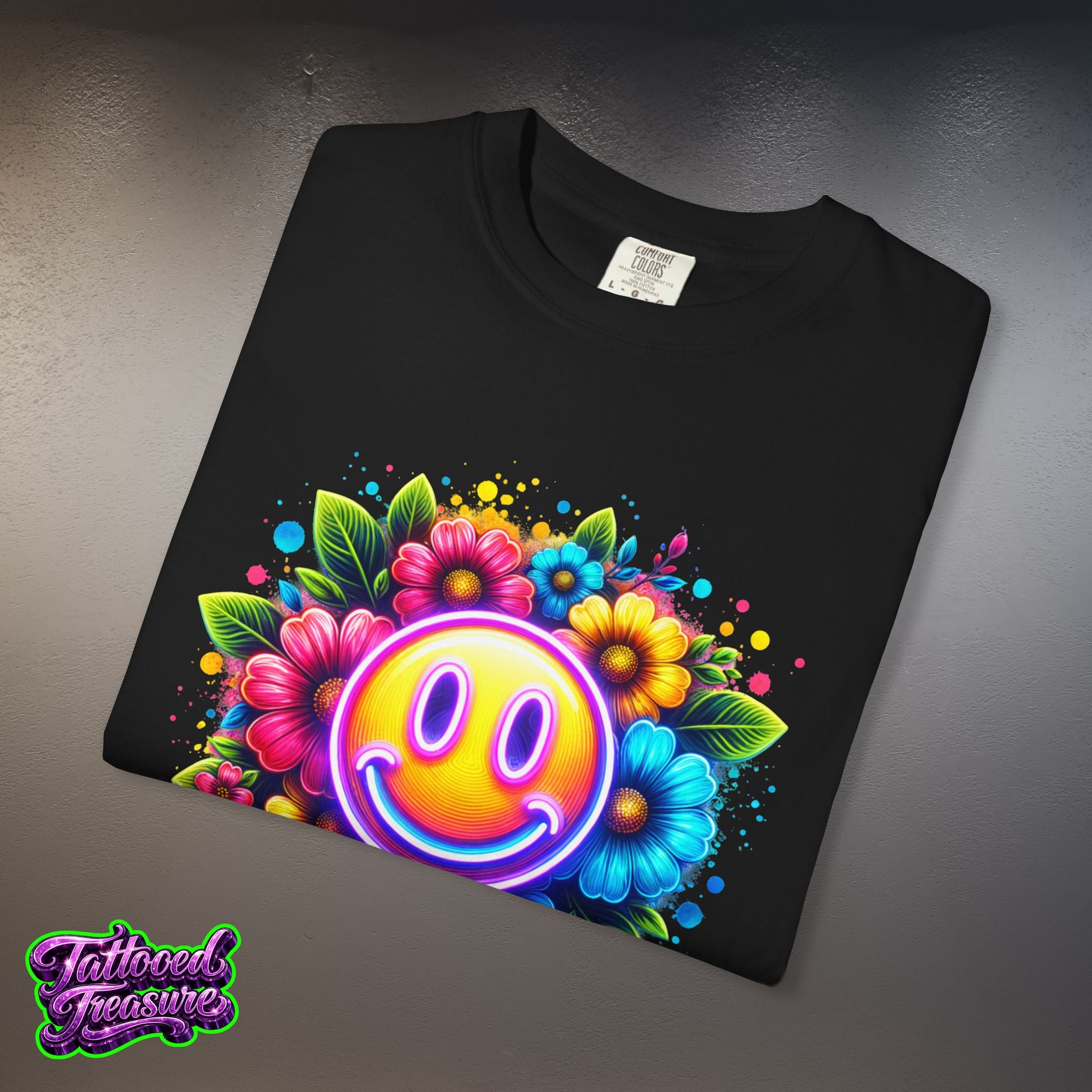 Smiley Flower T-Shirt — Colorful Neon Floral Smile Graphic Tee